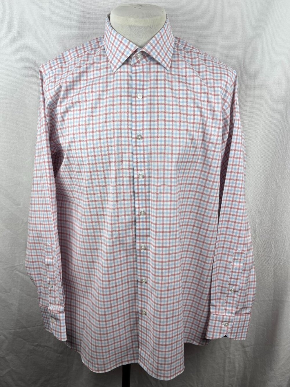 Proper Cloth Blue Red Multi Check Non-Iron Stretch Dress Shirt 17.5 35.3